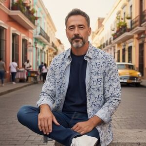 Eight X Premium Mens XL Slim Fit Blue White Paisley Long Sleeve Button Down